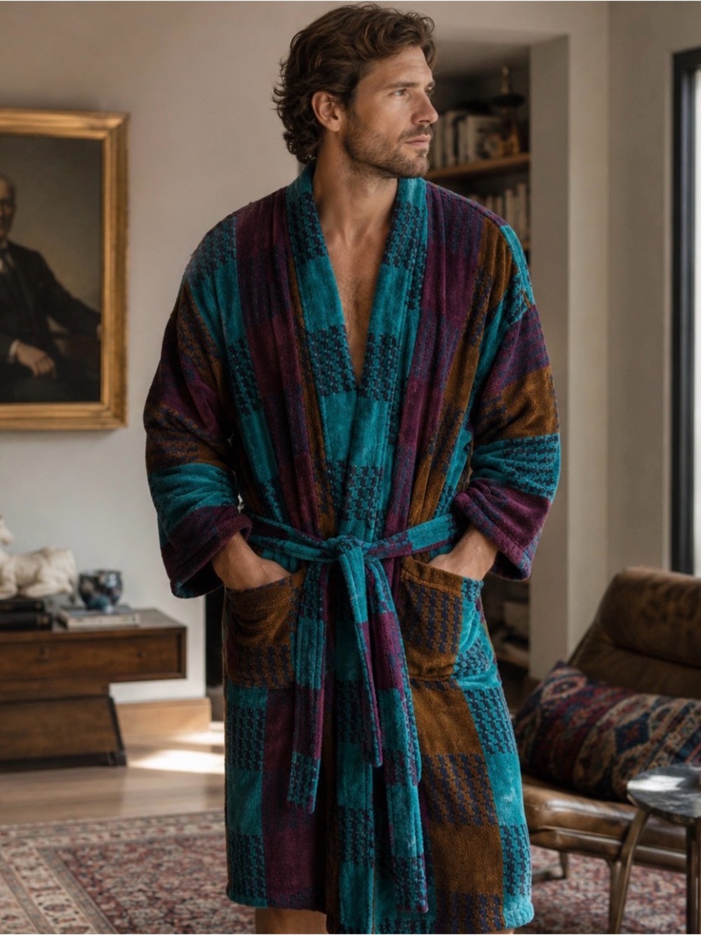 Vintage Bill Blass Mens Cotton Terry Cloth Robe OS Colorblock 90s Plush Retro